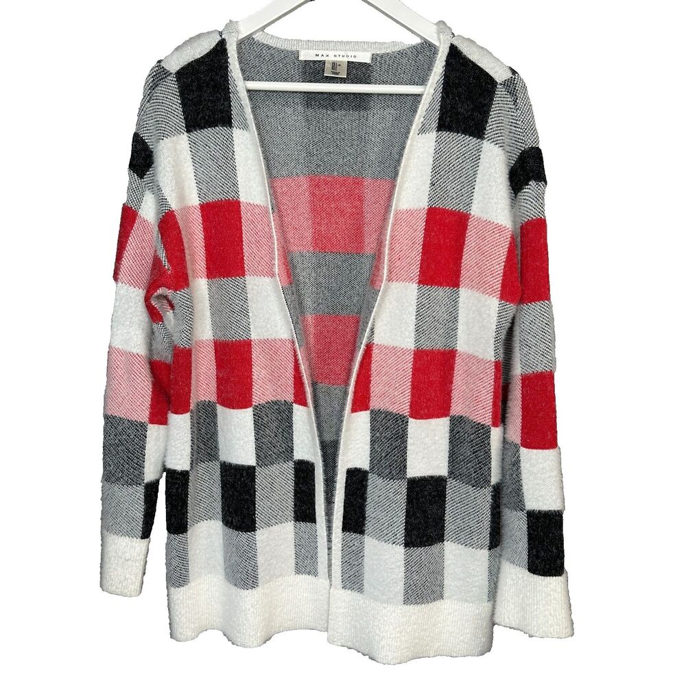 Max Studio Womens Cardigan White Red Color Block Check